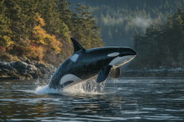Obraz premium Orca whale jumping water splash forest background wildlife nature ocean mammal black white aquatic animal powerful majestic wild marine environment