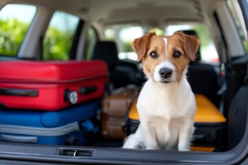 Dog Sitting Inside Car with Luggage Prepared for Morning Departure
