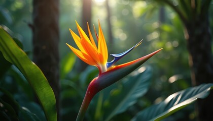 Strelitzia flower grows in a lush jungle habitat. Orange and blue petals bloom with green foliage. Sunlight filters through trees on this exotic plant.