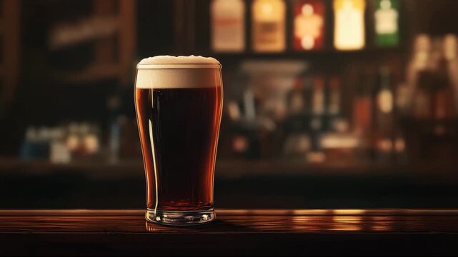 Glowing beer glass in warm bar ambiance 