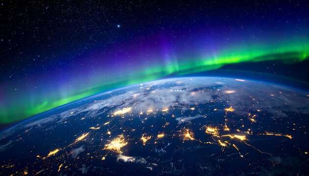 Earth from Space with Aurora Borealis and City Lights.