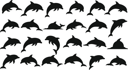 Set of black dolphin silhouettes in various jumping and swimming poses, isolated vector illustration collection for marine life, ocean, and summer themes. © MSTMUNMUN