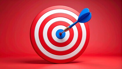 Stylized dartboard with red, white, gray segments, single blue dart embedded off-center, vibrant geometric symmetry