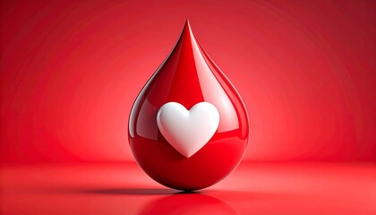 Fototapeta premium Glossy red blood drop with white heart symbol in center