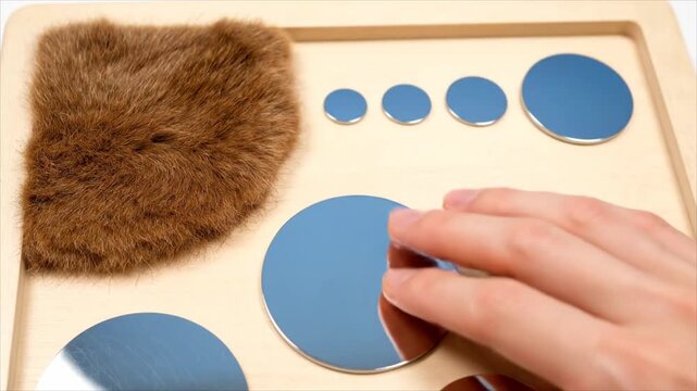 A hand placing a fraction piece on a wooden board with various blue circular fraction tiles and a brown furry object nearby