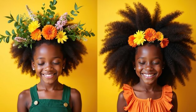 Diptych shows smiling Black girl wearing floral crown. Left side girl wears green overalls. Right side girl wears orange top. Yellow backdrop.