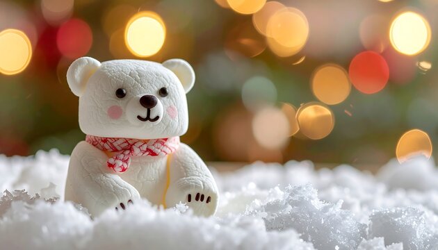 A charming marshmallow bear with a scarf sits in imitation snow, bokeh lights in the blurry background