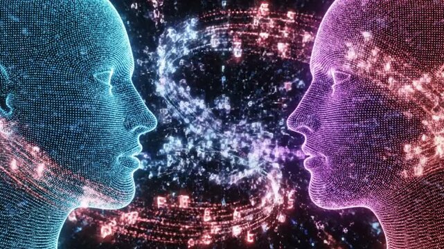 An abstract digital design of a human head glowing with binary code and blue light amidst a cosmic galaxy nebula to represent the energy of science, imagination, and creative brain power