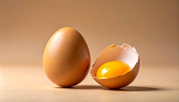"Two brown eggs on neutral surface, one whole and intact, the other cracked open into halves revealing bright yellow yolk inside shell."