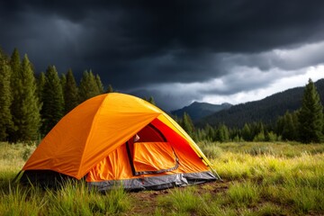 Stormy Camping Scene with Orange Tent Under Dark, Cloudy Skies