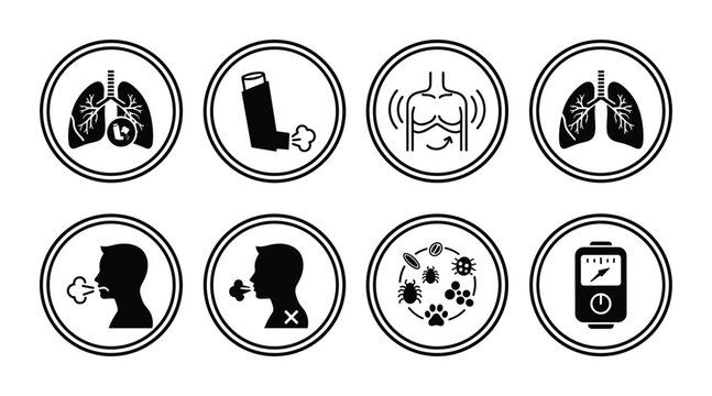 Asthma symptoms and triggers icon set. Lungs, inhaler, breathing, coughing, allergens and spirometer