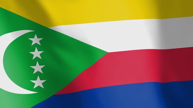 Flag of Comoros animated background. Symbol of the Comorian nation and the culture. Waving flag in the wind footage. State ensign of the island country.