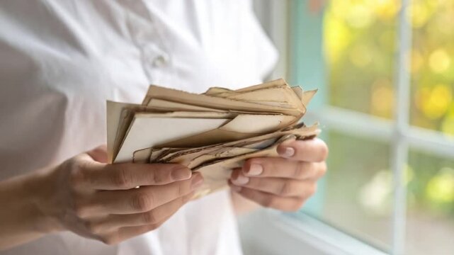Woman's hands holding stack of old vintage letters by sunlit window