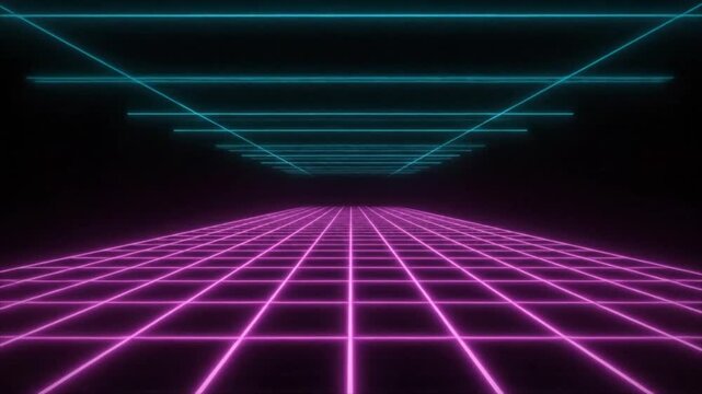 A futuristic grid pattern with neon purple and teal lines extends into the distance viewed from a low angle