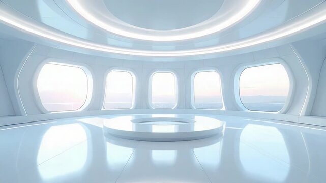 Futuristic White Interior with Large Windows and Circular Platform