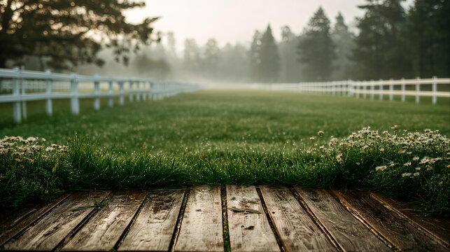 Wet wooden foreground planks dew covered meadow serene misty background morning countryside landscape