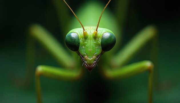 Extreme close up of bright green praying mantis face. Insect large round green eyes, long antennae. Bug stares forward with small mouthparts visible. Predatory invertebrate shown in detail.