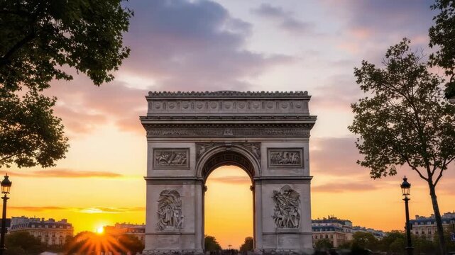 Beautiful View Of Iconic Triumphal Arch In European Capital City At Sunrise Sunset With Sky In The Background For Travel Tourism Promotions