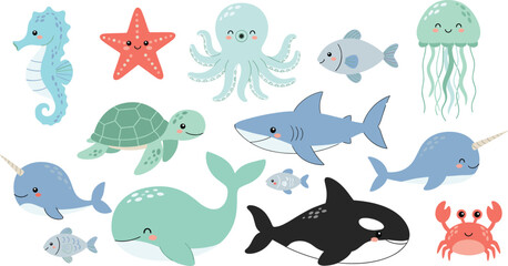 Cute cartoon sea creatures collection featuring whale shark octopus turtle seahorse narwhal crab jellyfish and starfish isolated on white background for kids nursery design vector illustration © MdEmdadul