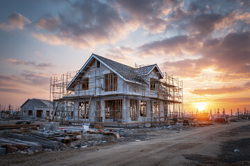 Obraz premium House construction site with unfinished modern house steel scaffolding at sunset with dramatic sky and dirt road in foreground