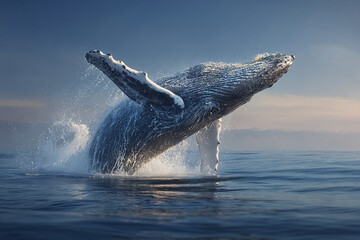 Fototapeta premium Humpback whale breaching in calm ocean water with splashes under soft daylight and clear sky, showcasing marine wildlife in natural habitat with dynamic motion and peaceful atmosphere