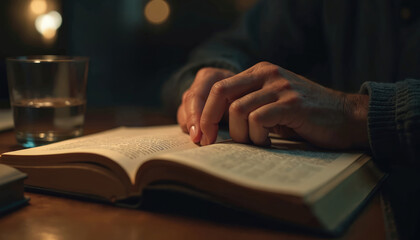 Man with glasses reads an open book in dim light. He turns a page with his finger. A glass of water sits nearby on the wooden table. Serious concentration is visible in his focused posture.