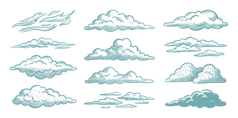 Collection of various hand-drawn clouds sketch illustrations, isolated vector drawing, with cross-hatching shading ©  MVectors