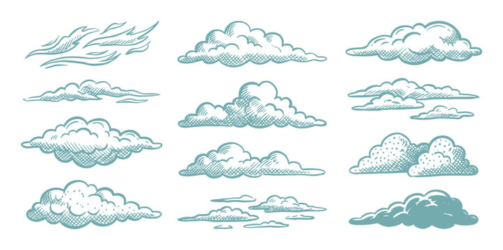 Collection of various hand-drawn clouds sketch illustrations, isolated vector drawing, with cross-hatching shading