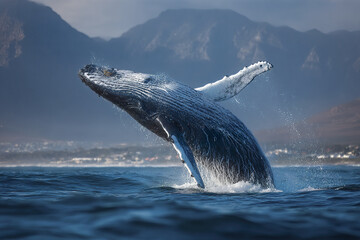 Naklejka premium Humpback whale breaching out of ocean with water splashing around and mountains in background under cloudy sky
