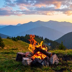 Glowing campfire with mountains in the background during a colorful sunset or sunrise