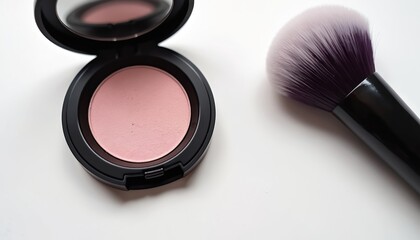 Open pink blush compact with black case and mirror sits next to makeup brush on white surface. Soft light illuminates product details, ideal for beauty content.