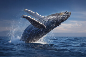 Naklejka premium Humpback whale breaching out of ocean with water splashing under clear blue sky, showing powerful movement and natural marine beauty in serene seascape