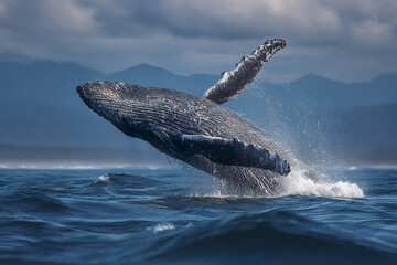 Obraz premium Humpback whale breaching dramatically above ocean surface with water splashing and mountain range in background under cloudy sky