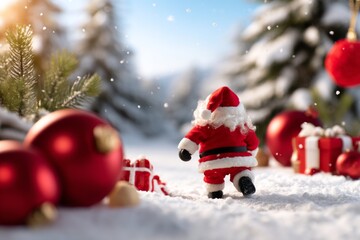 Santa Claus Walking Away in Winter Landscape with Gift and Christmas Decor