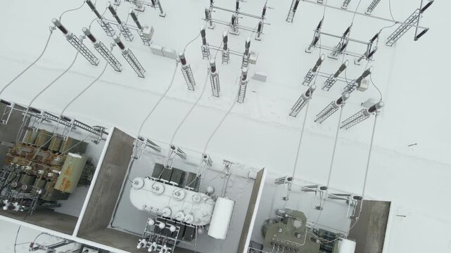 Aerial tilt reveals a frozen electrical substation with visible power transformers, insulators, and grid components resting on pristine snow during an extreme winter day.