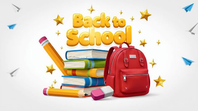Animated Back to School Supplies Stacked Books Backpack Pencils Eraser Yellow Orange