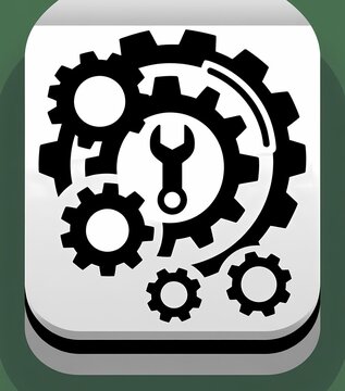 Vector illustration of a mechanical gear icon on a metallic internet button symbolizing industrial engineering and business technology teamwork through a steel cogwheel mechanism