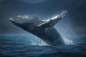 Naklejka premium Humpback whale breaching with splash and foam in deep blue ocean water near dark coastline under moody sky, showing powerful marine mammal in natural habitat