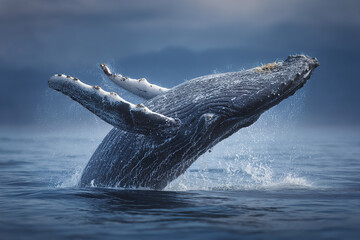 Naklejka premium Humpback whale breaching ocean surface with water splashing around its body in dramatic marine scene under cloudy sky