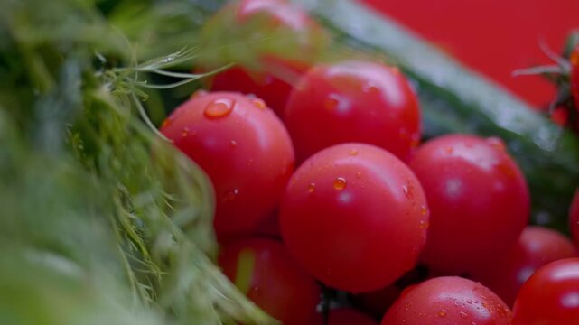 Fresh cherry tomatoes glisten with water droplets in a green container, set against a red background.