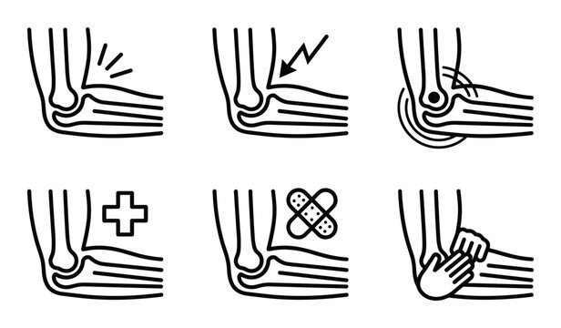 Elbow pain icons showing different treatments and medical care, Injury and band aid