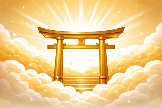 Golden torii gate in heavenly light and clouds / 天空に輝く金色の鳥居と光の道