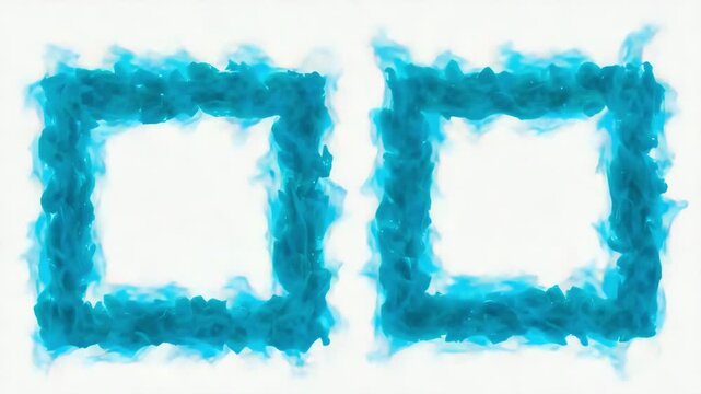 Two Square Frames Formed by Realistic Blue Fire and Smoke on White Background, 4K video