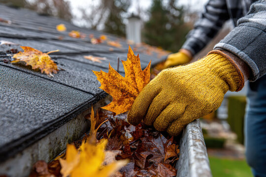 Cleaning a gutter. A man clears fallen autumn leaves from a gutter under a house's roof. Maintaining rainwater gutters on a private home.