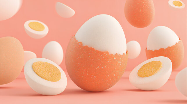boiled hard eggs halves pastel peach background minimal food preparation healthy protein ingredient floating dynamic composition