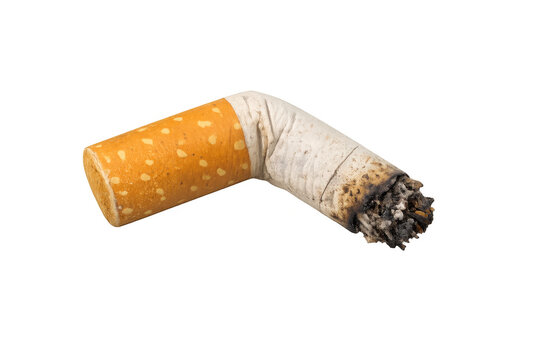 Discarded cigarette butt highlighting addiction, smoking, tobacco waste, and environmental pollution with transparent background