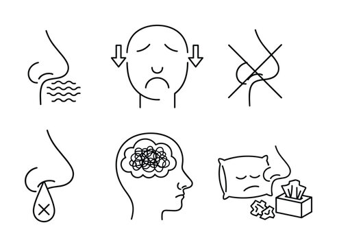 Line art icons of symptoms and health issues including nausea, dizziness, brain fog, and medication side effects