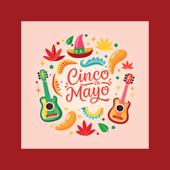 Fototapeta premium A vibrant illustration celebrating cinco de mayo with traditional mexican musical instruments and cultural symbols arranged in a circular design