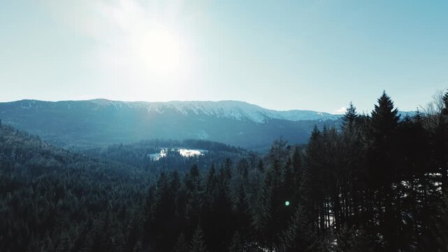 Aerial View of Snow-Covered Babia Gora Mountain in Poland, Winter