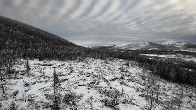 Aerial view of a snowy mountain landscape with a clear sky and a road winding through the terrain.